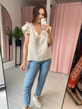 Linen Ruffle Sleeve Top - Stone