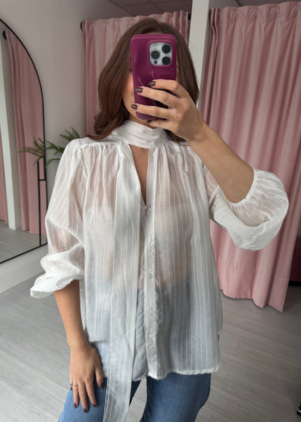 Pinstripe Pussy Bow Shirt - White