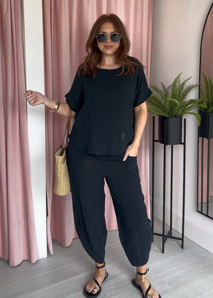 Tea Bag Linen Barrel Leg Co-ord - Black