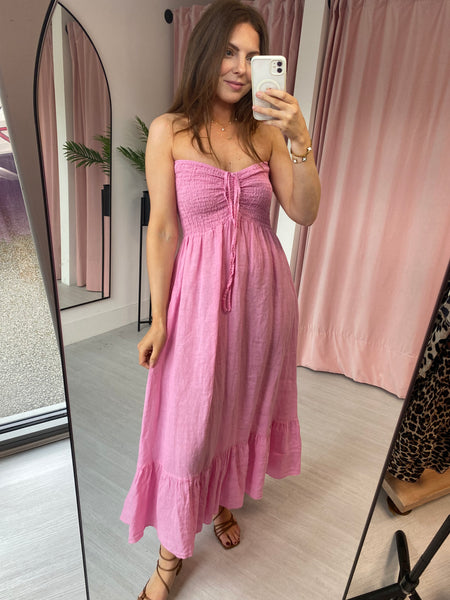 Sweetheart Bandeau Linen Dress - Pink