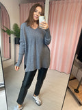 V-neck Ribbed Knit Tunic - Grey