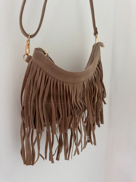 Faux Suede Tassel Handbag - Biege
