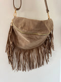 Faux Suede Tassel Sling Bag - Beige