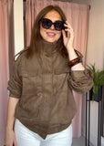 Faux Suede Funnel Neck Bomber Jacket