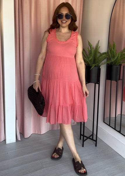 Frill Edge Tiered Dress - Coral