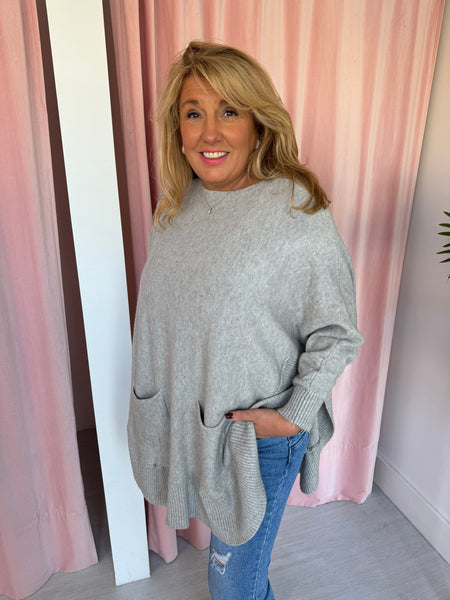 Button Back Poncho Jumper - Light Taupe