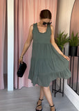 Frill Edge Tiered Dress - Khaki