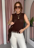 Fringe Hem Sleeveless Jumper - Brown
