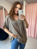 V Neck Cotton Top - Taupe