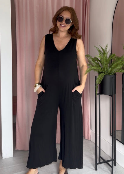 Wide Leg Jersey Jumpsuit with Pockets - Black