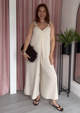 Gold Detail Pleat Front Jumpsuit - Stone