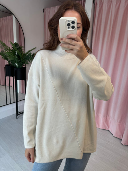 Diagonal Turtle Neck Jumper - Cream