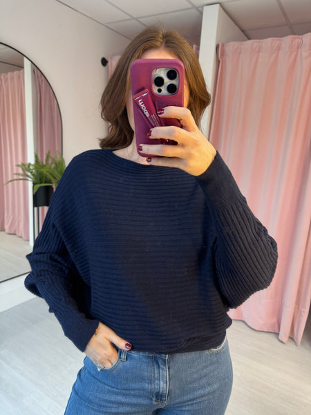 Rib Slash Neck Jumper - Navy