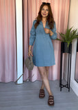 Grandad Collar Denim Dress - Mid Wash