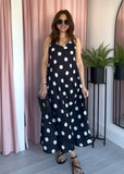 Satin Spaghetti Dress - Black Polka
