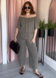 Tea Bag Ruffle Top Co-ord - Taupe