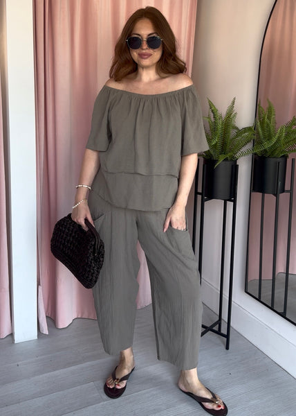 Tea Bag Ruffle Top Co-ord - Taupe