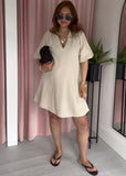 Cheesecloth Short Bubble Sleeve Dress - Stone