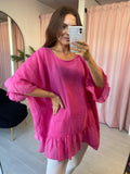 Frill Hem Cotton T-Shirt -  Fuchsia