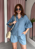Chambray Denim Puff Ball Sleeve Shirt