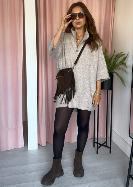 Zip Front Jumper Dress - Oatmeal