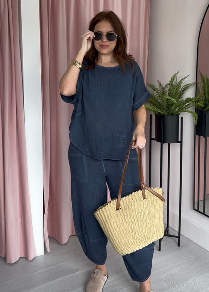 Tea Bag Linen Barrel Leg Co-ord - Navy