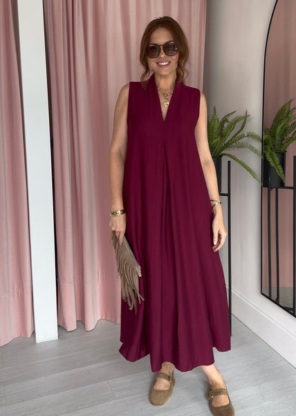Classic V Neck Dress - Berry