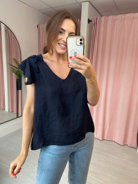 Linen Ruffle Sleeve Top - Navy