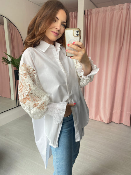 Oversized Crochet Sleeve Shirt - White