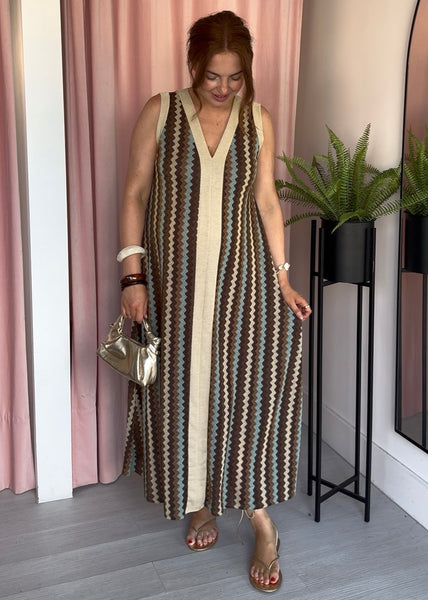 Missi Zig Zag Dress - Blue & Brown