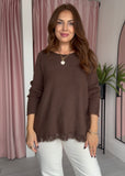 Fringe Hem Jumper - Brown