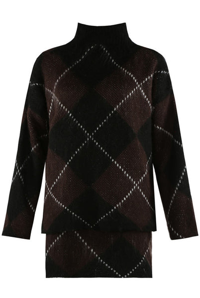 Argyle Jumper & Skirt Set - Black & Brown