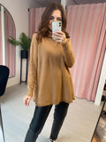 Fringed Hem Roll Neck Jumper - Camel