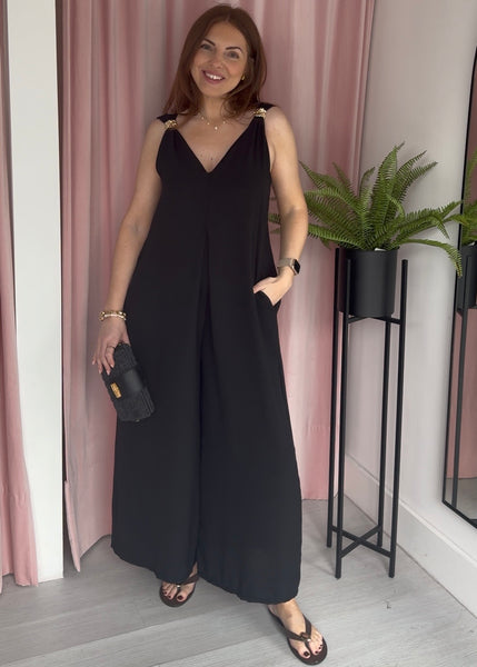 Gold Detail Pleat Front Jumpsuit - Black