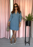 Grandad Collar Denim Dress - Mid Wash