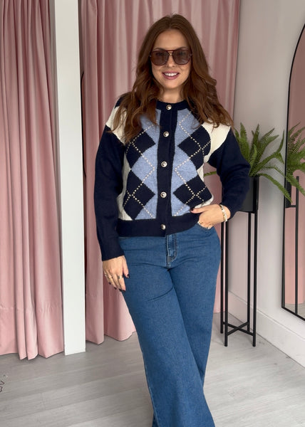 Argyle Knit Cardigan - Navy