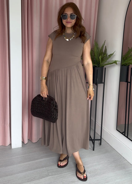 Jersey Ribbed Asymmetric Dress - Taupe