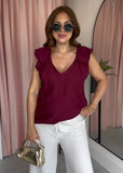 Ruched Deep Neckline Top - Wine