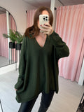 Slouchy V Neck Jumper  -  Olive