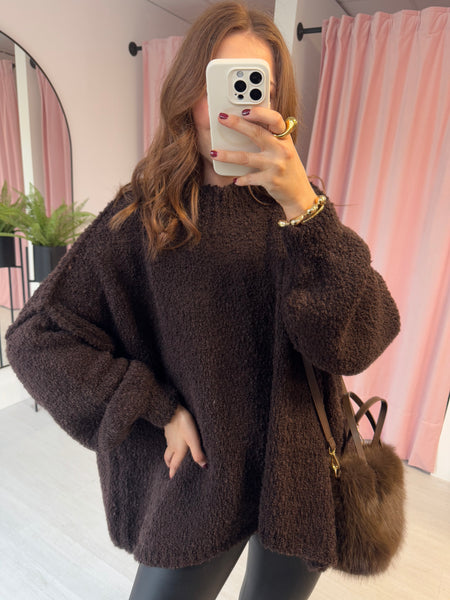 Popcorn Balloon Sleeve Jumper - Brown