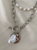 Double Chain Pearl Necklace - Silver