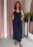 Gold Detail Pleat Front Jumpsuit - Navy