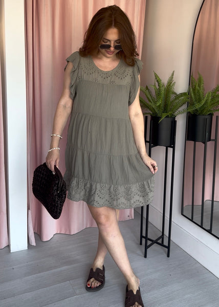 Cheesecloth Embroidery Anglaise Dress - Taupe