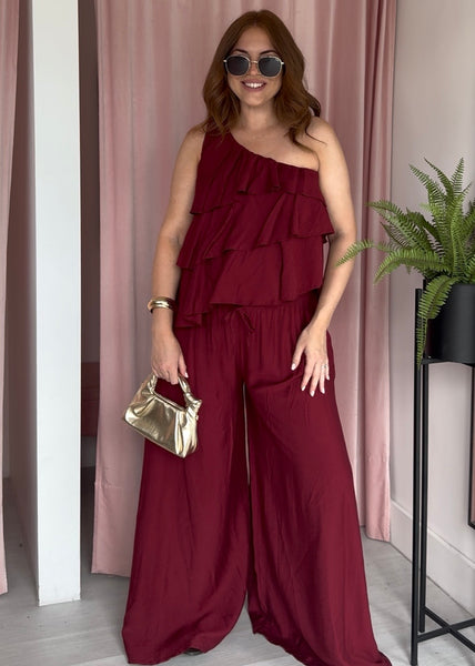 One Shoulder Ruffle Top Co-ord - Wine
