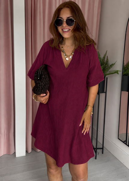 Cheesecloth Short Bubble Sleeve Dress - Wine