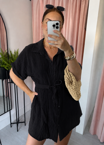 Linen Shirt Dress - Black