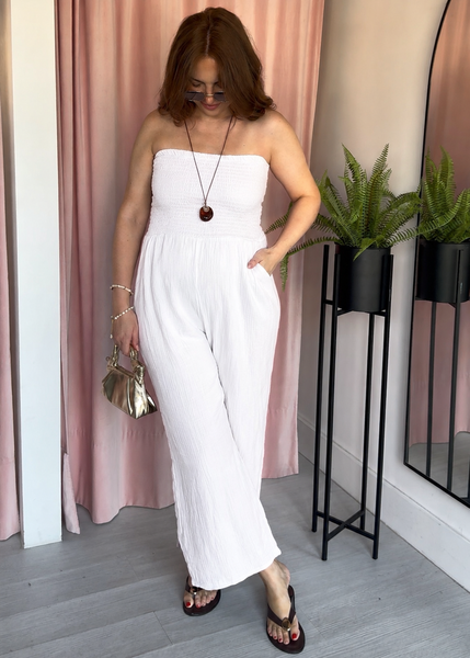 Cheesecloth Shirred Bandeau Jumpsuit - White