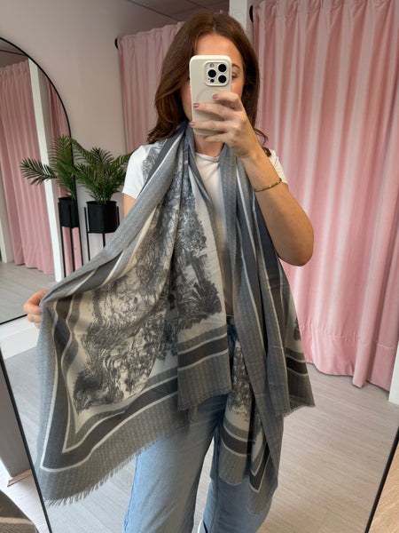 Toile de Jouy Bordered Scarf - Grey