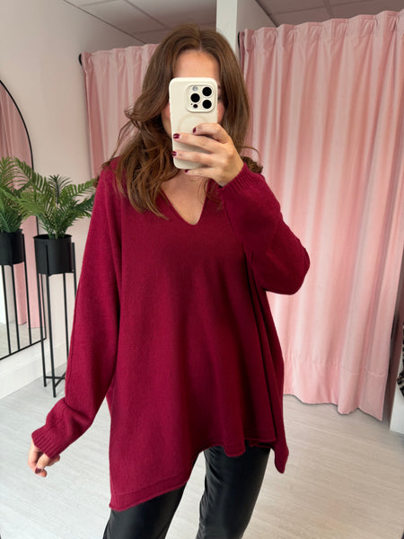 Slouchy V Neck Jumper  -  Burgandy