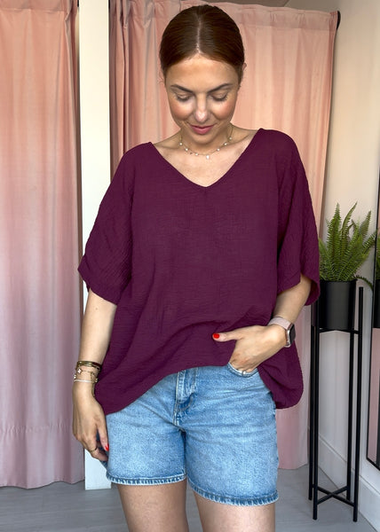 V Neck Cotton Top - Plum
